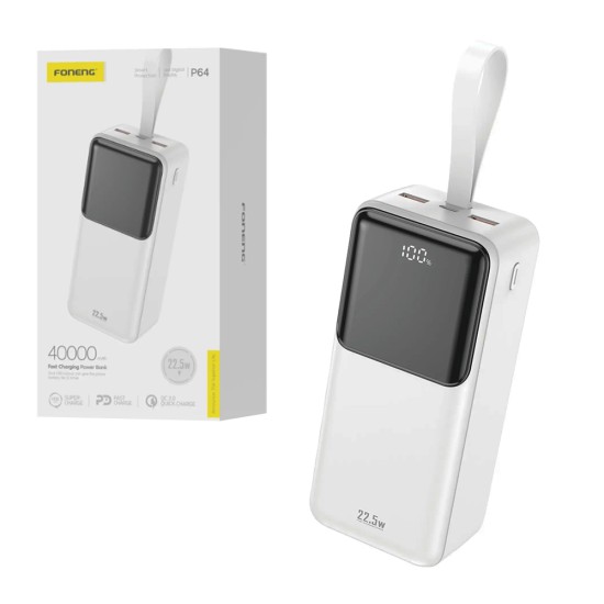 Power Bank Foneng P64 com 3 Outputs 40000mAh 22,5W Branco